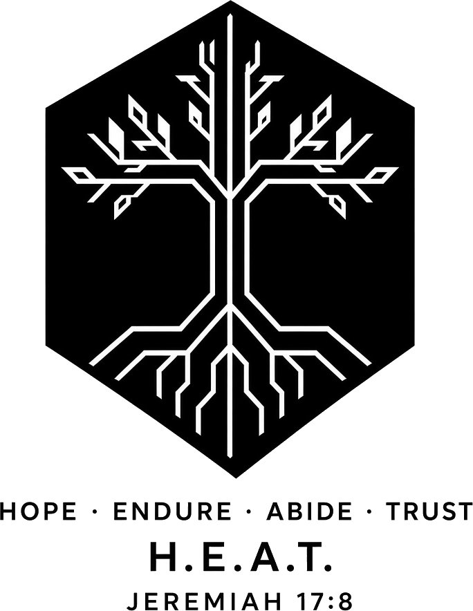 SawTide H.E.A.T. logo: hexagon tree with Hope, Endure, Abide, Trust, H.E.A.T., Jeremiah 17:8